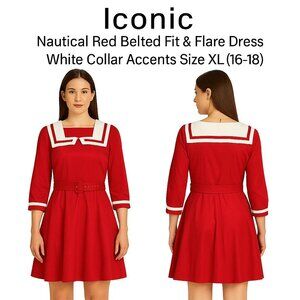 Iconic Nautical Red Belted Fit & Flare Dress White Collar Accents Size XL